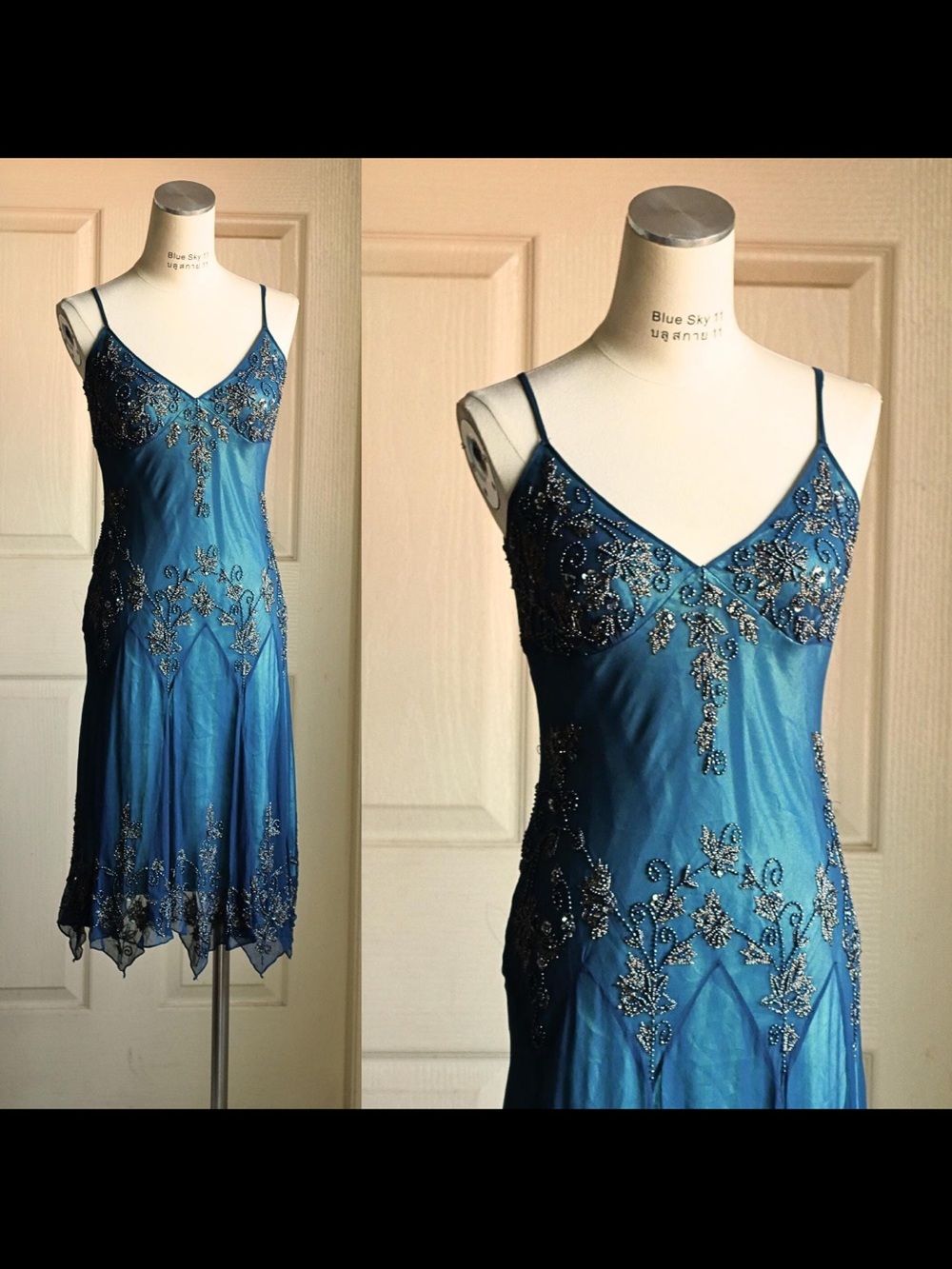 Vintage Adrianna Papell Silk Beaded Midi Fairy Dress With Sharkbite Hem